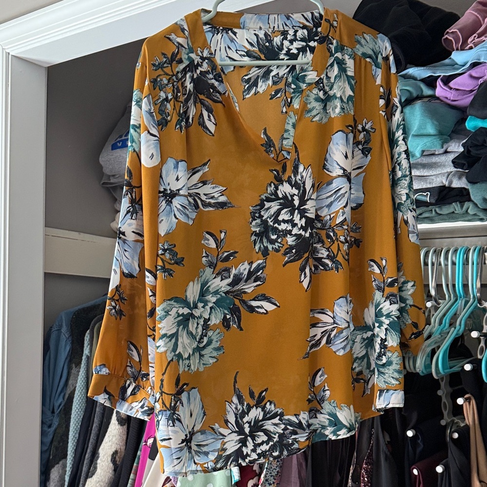 Floral Women's Top in Mustard and Navy Blue